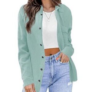 iGENJUN Women Long Sleeve Button Down Tattered Cotton Shirt Shacket Pocket MED